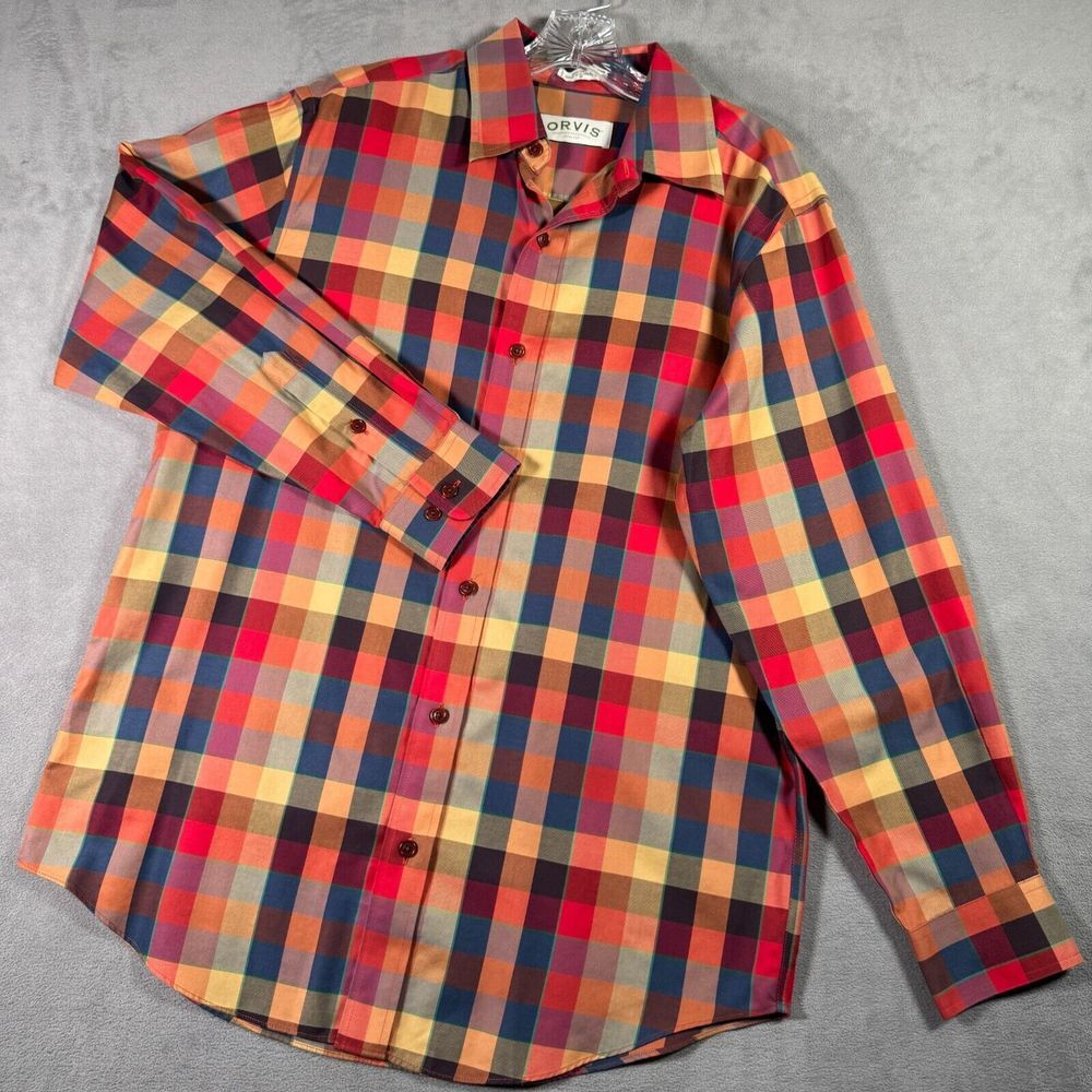 Orvis Shirt Mens M Red Yellow Plaid‎ Long Sleeve 100% Cotton Button Up Preppy